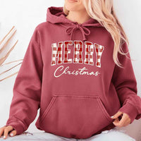 Merry Christmas Comfort Colors Matching Long Sleeve Shirts - Buffalo Plaid Hoodie