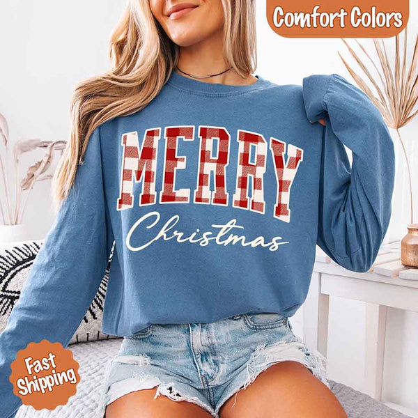 Merry Christmas Comfort Colors Matching Long Sleeve Shirts - Buffalo Plaid Hoodie