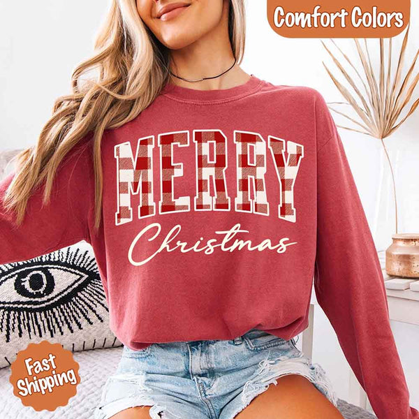 Merry Christmas Comfort Colors Matching Long Sleeve Shirts - Buffalo Plaid Hoodie
