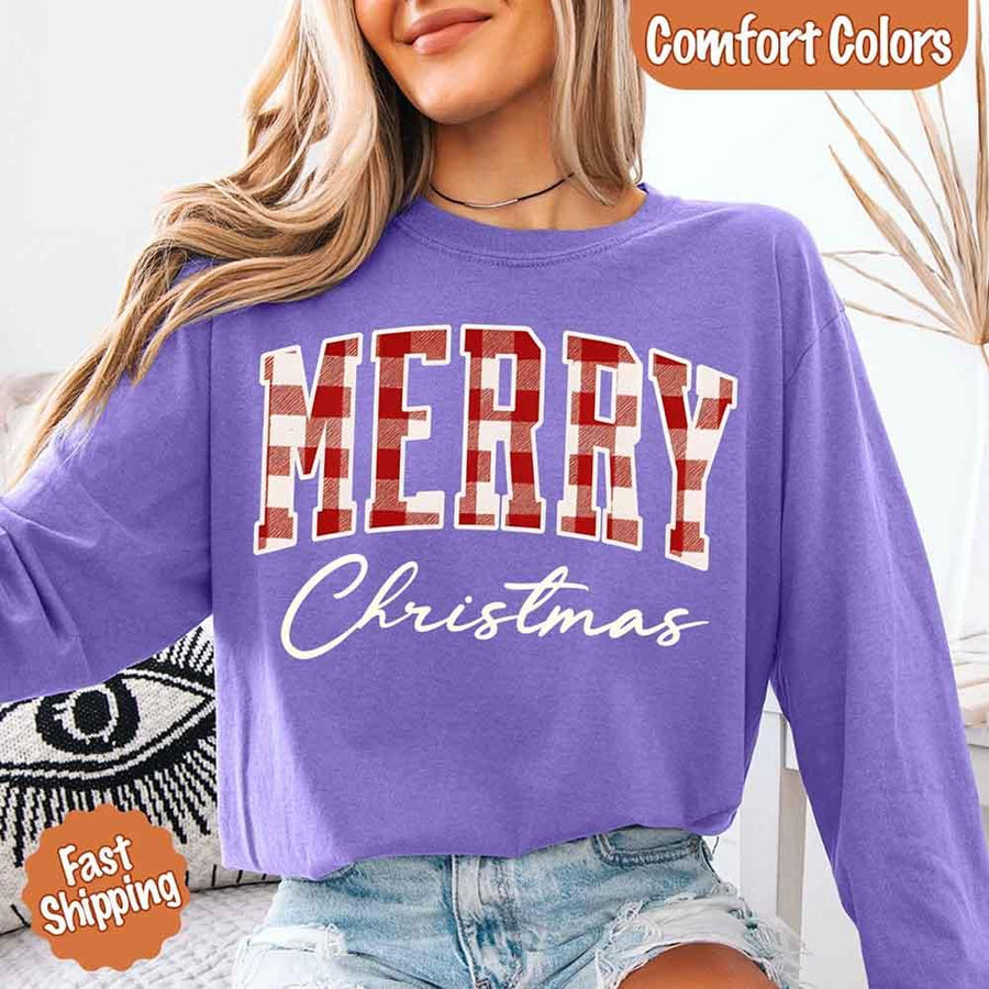 Merry Christmas Comfort Colors Matching Long Sleeve Shirts - Buffalo Plaid Hoodie