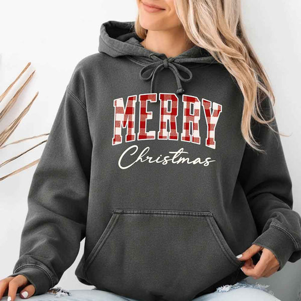 Merry Christmas Comfort Colors Matching Long Sleeve Shirts - Buffalo Plaid Hoodie