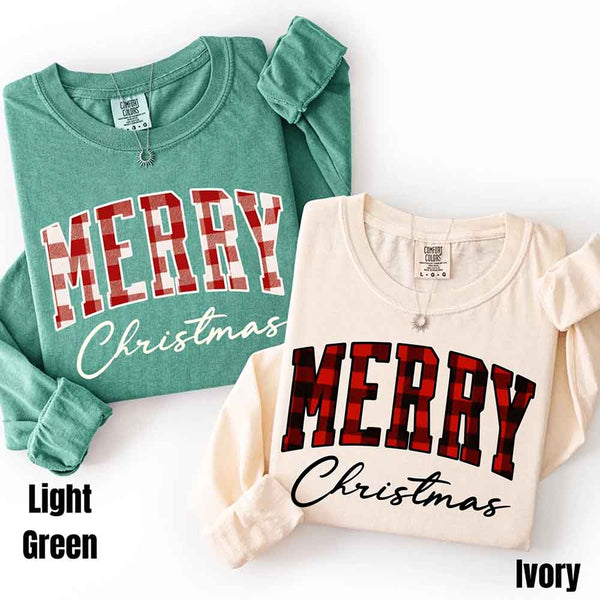 May include a Comfort Colors long sleeve or hoodie with a buffalo plaid “Merry Christmas” design for matching family outfits.