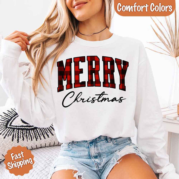 Merry Christmas Comfort Colors Matching Long Sleeve Shirts - Buffalo Plaid Hoodie