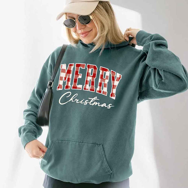 Merry Christmas Comfort Colors Matching Long Sleeve Shirts - Buffalo Plaid Hoodie