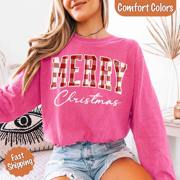 Merry Christmas Comfort Colors Matching Long Sleeve Shirts - Buffalo Plaid Hoodie