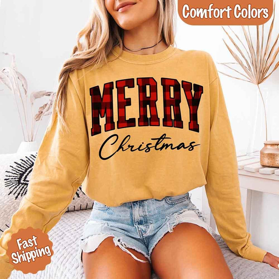 Merry Christmas Comfort Colors Matching Long Sleeve Shirts - Buffalo Plaid Hoodie