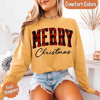 Merry Christmas Comfort Colors Matching Long Sleeve Shirts - Buffalo Plaid Hoodie