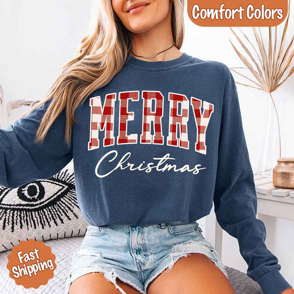 Merry Christmas Comfort Colors Matching Long Sleeve Shirts - Buffalo Plaid Hoodie