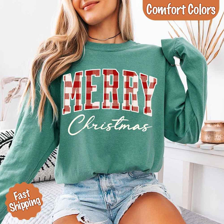 Merry Christmas Comfort Colors Matching Long Sleeve Shirts - Buffalo Plaid Hoodie