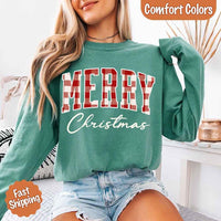 Merry Christmas Comfort Colors Matching Long Sleeve Shirts - Buffalo Plaid Hoodie