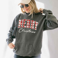 Merry Christmas Comfort Colors Matching Long Sleeve Shirts - Buffalo Plaid Hoodie