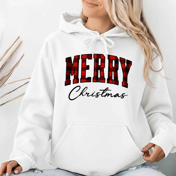Merry Christmas Comfort Colors Matching Long Sleeve Shirts - Buffalo Plaid Hoodie