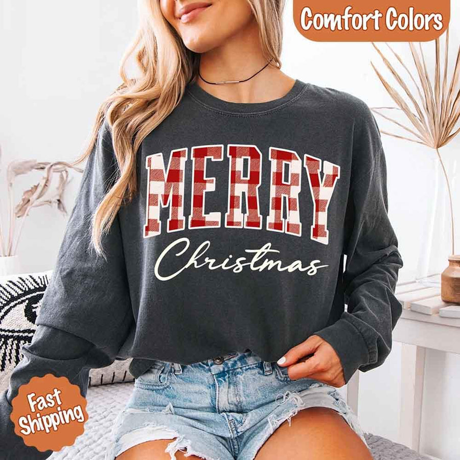 Merry Christmas Comfort Colors Matching Long Sleeve Shirts - Buffalo Plaid Hoodie
