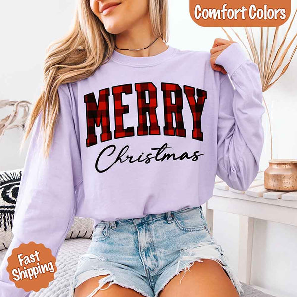 Merry Christmas Comfort Colors Matching Long Sleeve Shirts - Buffalo Plaid Hoodie