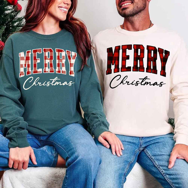 May include a Comfort Colors long sleeve or hoodie with a buffalo plaid “Merry Christmas” design for matching family outfits.