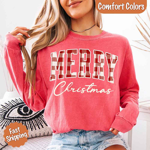 Merry Christmas Comfort Colors Matching Long Sleeve Shirts - Buffalo Plaid Hoodie