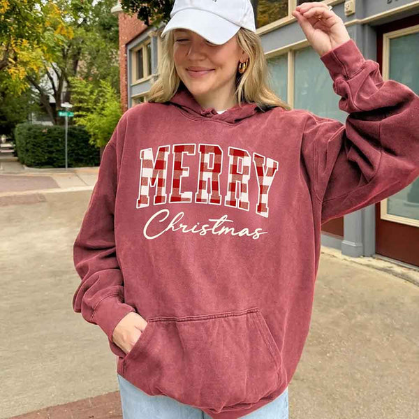 Merry Christmas Comfort Colors Matching Long Sleeve Shirts - Buffalo Plaid Hoodie