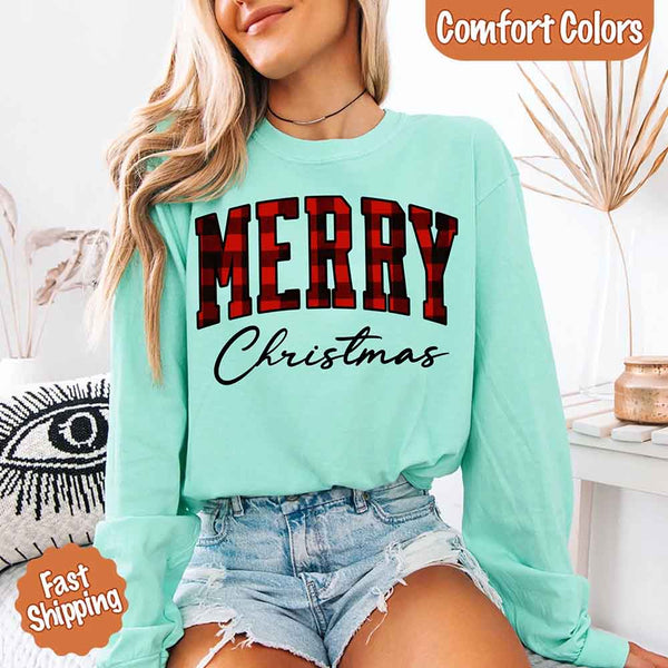 Merry Christmas Comfort Colors Matching Long Sleeve Shirts - Buffalo Plaid Hoodie