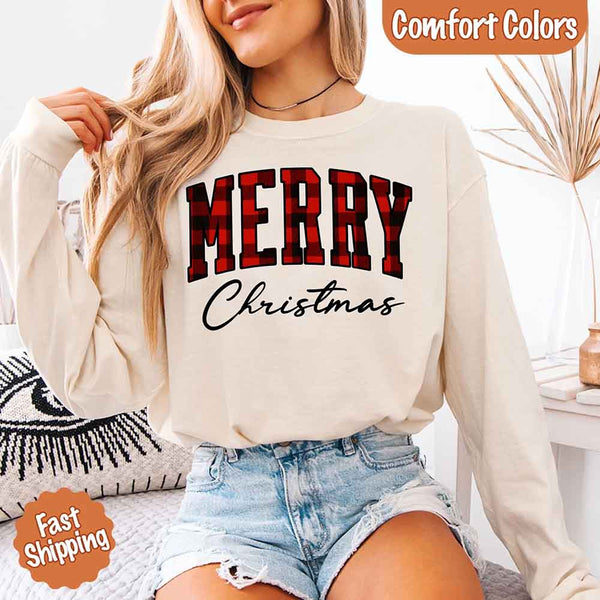 Merry Christmas Comfort Colors Matching Long Sleeve Shirts - Buffalo Plaid Hoodie