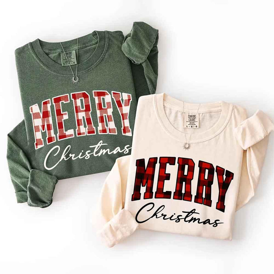 May include a Comfort Colors long sleeve or hoodie with a buffalo plaid “Merry Christmas” design for matching family outfits.