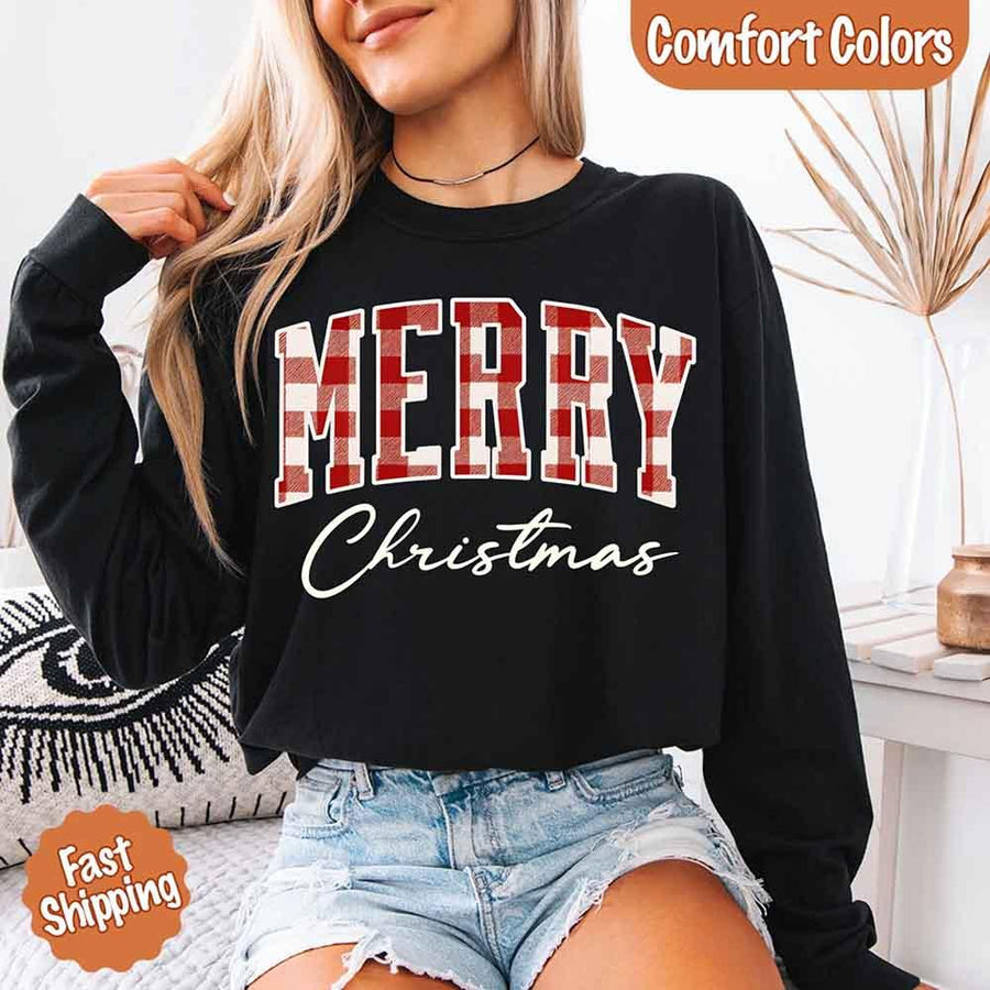 Merry Christmas Comfort Colors Matching Long Sleeve Shirts - Buffalo Plaid Hoodie