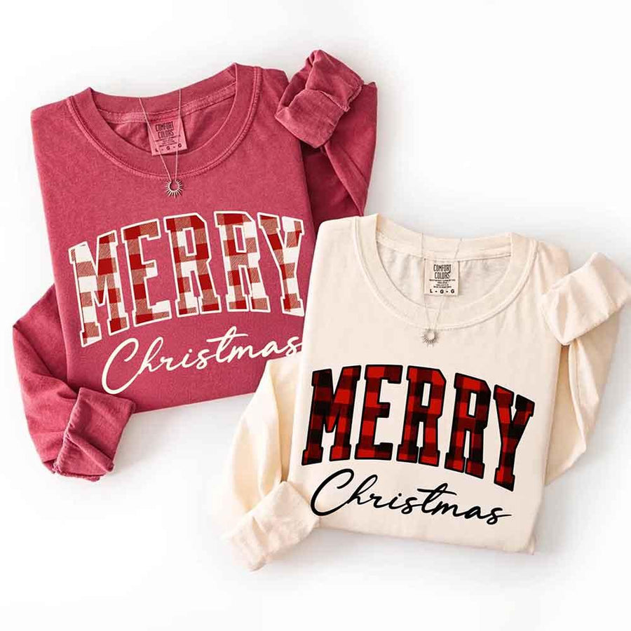 May include a Comfort Colors long sleeve or hoodie with a buffalo plaid “Merry Christmas” design for matching family outfits.