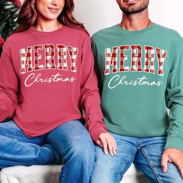 May include a Comfort Colors long sleeve or hoodie with a buffalo plaid “Merry Christmas” design for matching family outfits.