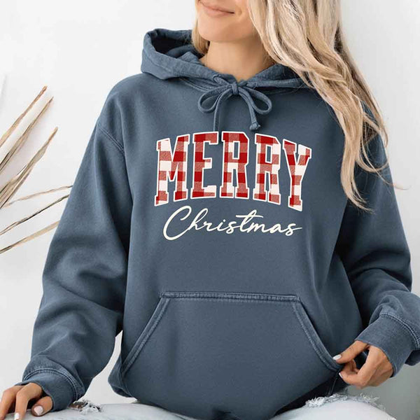 Merry Christmas Comfort Colors Matching Long Sleeve Shirts - Buffalo Plaid Hoodie