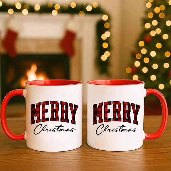 May include a ceramic mug with a buffalo plaid “Merry Christmas” design in traditional red and black tones.