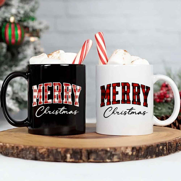 May include a ceramic mug with a buffalo plaid “Merry Christmas” design in traditional red and black tones.