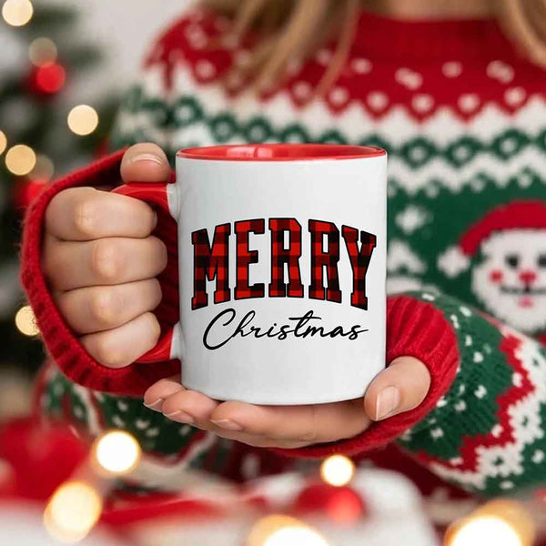 May include a ceramic mug with a buffalo plaid “Merry Christmas” design in traditional red and black tones.