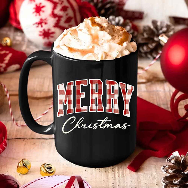 May include a ceramic mug with a buffalo plaid “Merry Christmas” design in traditional red and black tones.