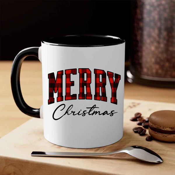 May include a ceramic mug with a buffalo plaid “Merry Christmas” design in traditional red and black tones.