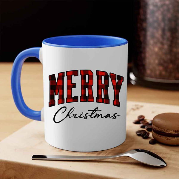 May include a ceramic mug with a buffalo plaid “Merry Christmas” design in traditional red and black tones.