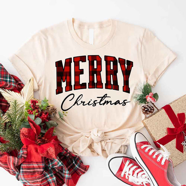 May include a unisex T-shirt featuring a buffalo plaid “Merry Christmas” design suitable for matching holiday outfits.