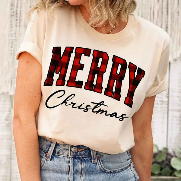 May include a unisex T-shirt featuring a buffalo plaid “Merry Christmas” design suitable for matching holiday outfits.
