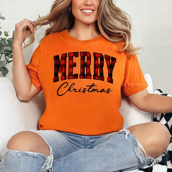 May include a unisex T-shirt featuring a buffalo plaid “Merry Christmas” design suitable for matching holiday outfits.