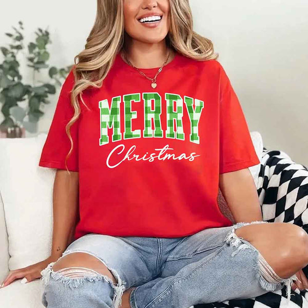 May include a unisex T-shirt featuring a buffalo plaid “Merry Christmas” design suitable for matching holiday outfits.