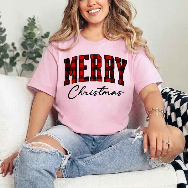 May include a unisex T-shirt featuring a buffalo plaid “Merry Christmas” design suitable for matching holiday outfits.