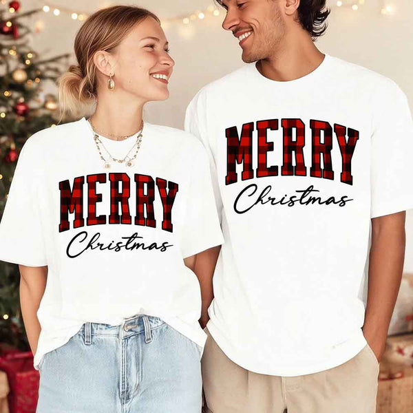 May include a unisex T-shirt featuring a buffalo plaid “Merry Christmas” design suitable for matching holiday outfits.
