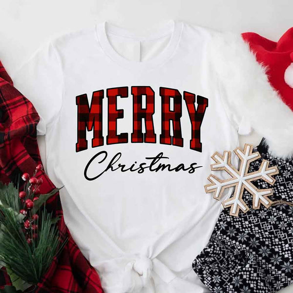 May include a unisex T-shirt featuring a buffalo plaid “Merry Christmas” design suitable for matching holiday outfits.