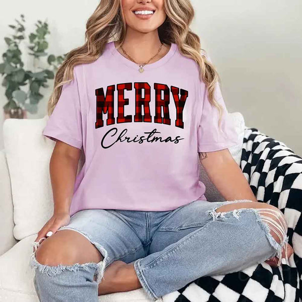 May include a unisex T-shirt featuring a buffalo plaid “Merry Christmas” design suitable for matching holiday outfits.