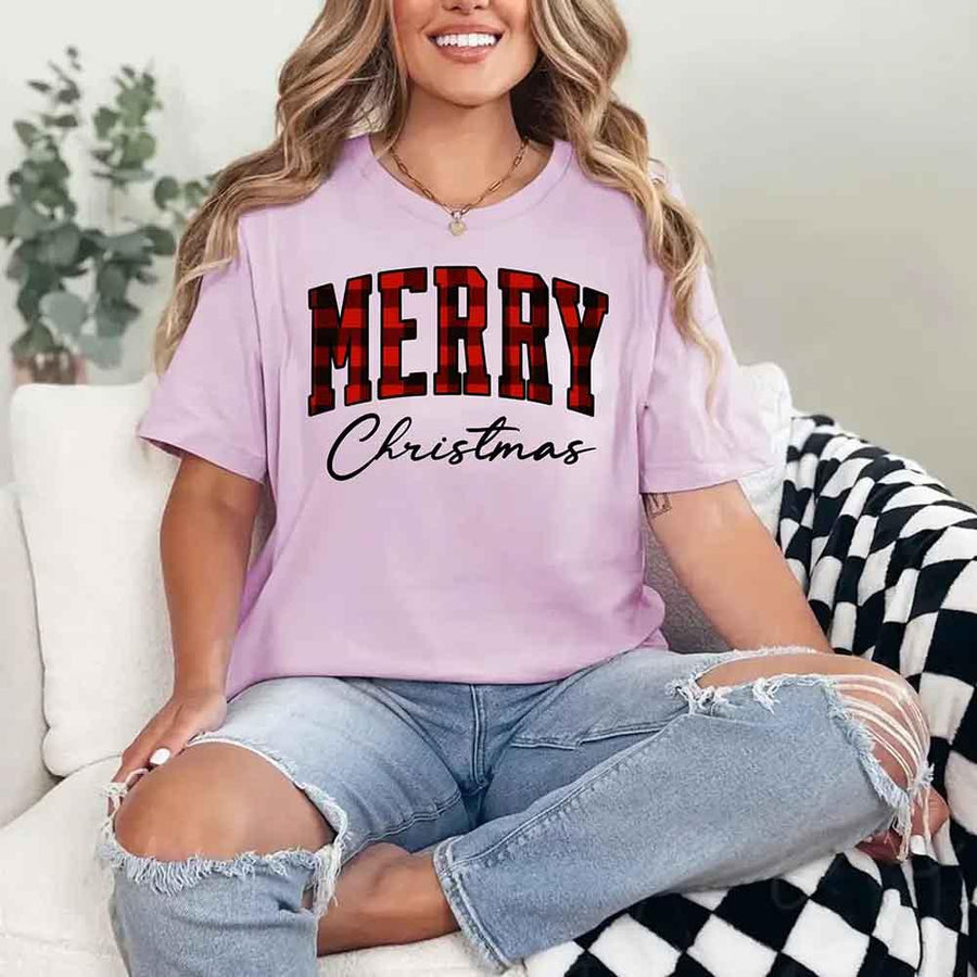 May include a unisex T-shirt featuring a buffalo plaid “Merry Christmas” design suitable for matching holiday outfits.