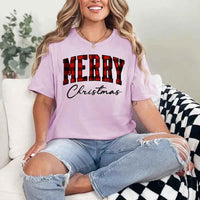May include a unisex T-shirt featuring a buffalo plaid “Merry Christmas” design suitable for matching holiday outfits.