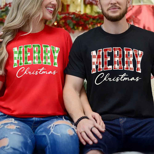 May include a unisex T-shirt featuring a buffalo plaid “Merry Christmas” design suitable for matching holiday outfits.