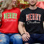 May include a unisex T-shirt featuring a buffalo plaid “Merry Christmas” design suitable for matching holiday outfits.