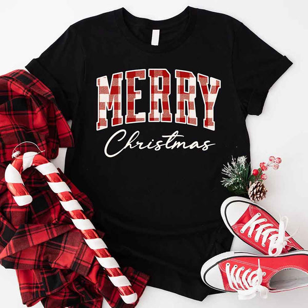 May include a unisex T-shirt featuring a buffalo plaid “Merry Christmas” design suitable for matching holiday outfits.