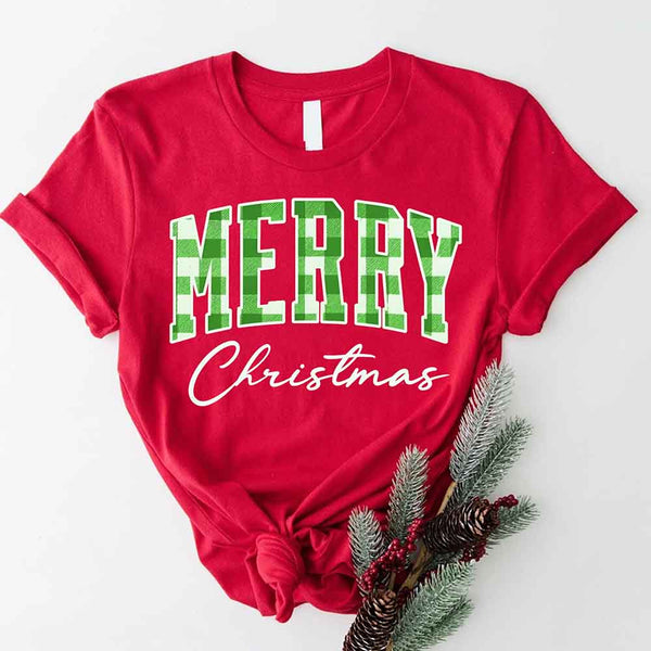 May include a unisex T-shirt featuring a buffalo plaid “Merry Christmas” design suitable for matching holiday outfits.