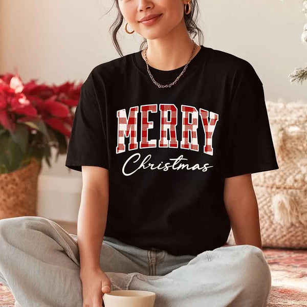 May include a unisex T-shirt featuring a buffalo plaid “Merry Christmas” design suitable for matching holiday outfits.