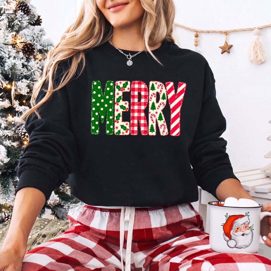 May include a Merry Crewneck Christmas Sweatshirt featuring a festive holiday statement design, classic pullover style, and seasonal apparel for Christmas parties, family gatherings, winter outfits, and holiday gifting.